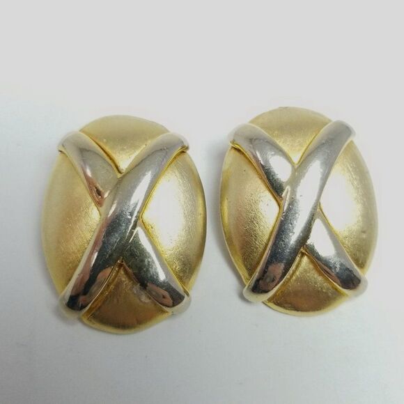 Vintage Big Gold Tone X Oval Clip On Earrings, Retro 80s Style Design, Estate - Picture 2 of 6